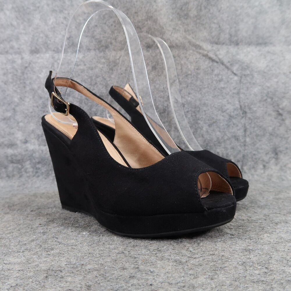 Andre Shoes Women 36 Slingback Platform Wedge Pump Black Peep Toe Sandal Fashion